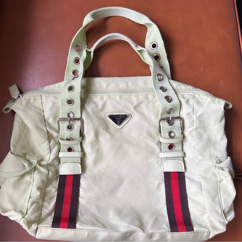 Prada Pale Green Nylon Tote with Red & Brown Stripes